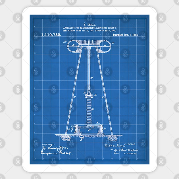 Tesla Transmitter Patent - Electrician Maker Workshop Art - Blueprint Sticker by patentpress